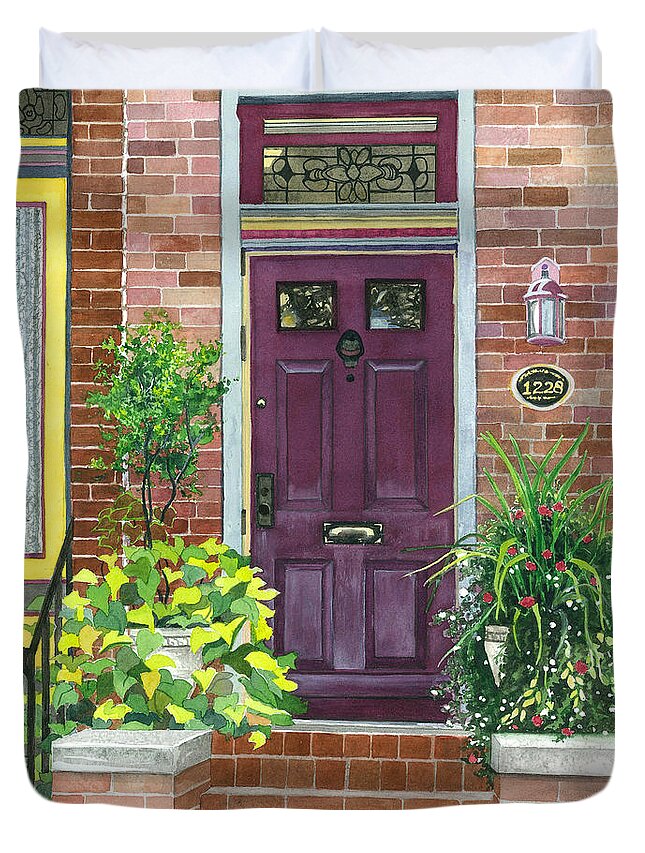 Door Duvet Cover featuring the painting The Purple Door by Barbara Jewell