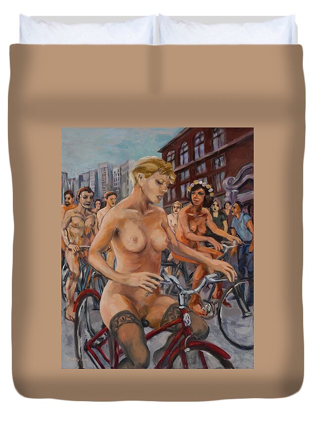 Girl Duvet Cover featuring the painting Bridget with naked riders in suburban street. by Peregrine Roskilly