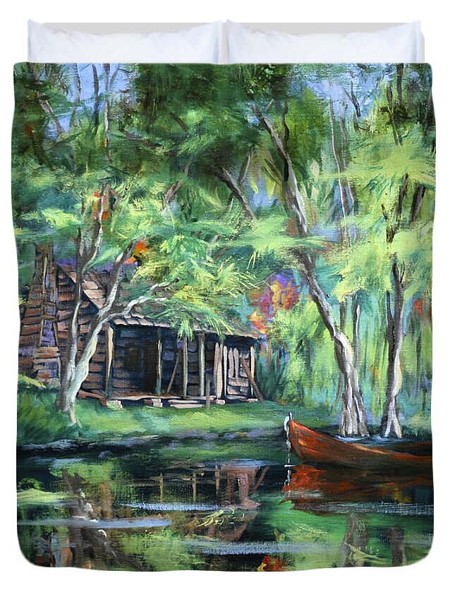 Bayou Cabin Duvet Cover featuring the painting The Red Pirogue by Dianne Parks