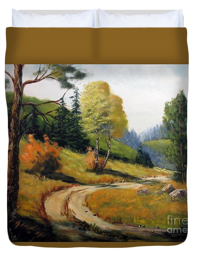 Lee Piper Duvet Cover featuring the painting The Road Not Taken by Lee Piper