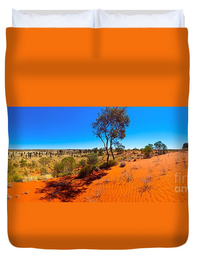 The Road To Uluru Outback Landscape Central Australia Australian Gum Tree Desert Arid Sand Dunes  Duvet Cover featuring the photograph The Road to Uluru by Bill Robinson