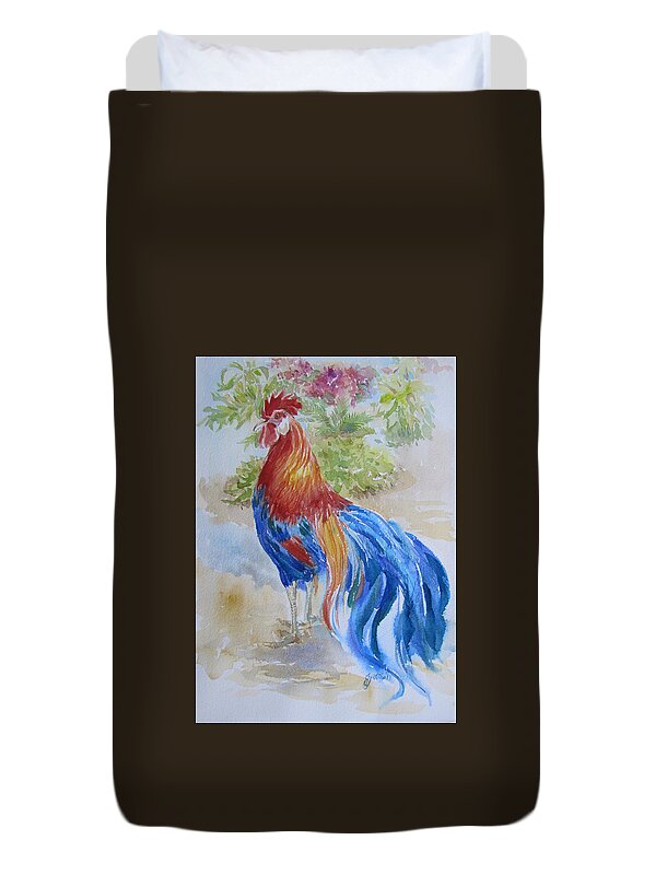 Rooster Duvet Cover featuring the painting Long Tail Rooster by Jyotika Shroff