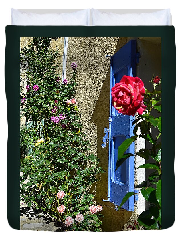 Rose Duvet Cover featuring the photograph The rose and the blue shutters by Dany Lison