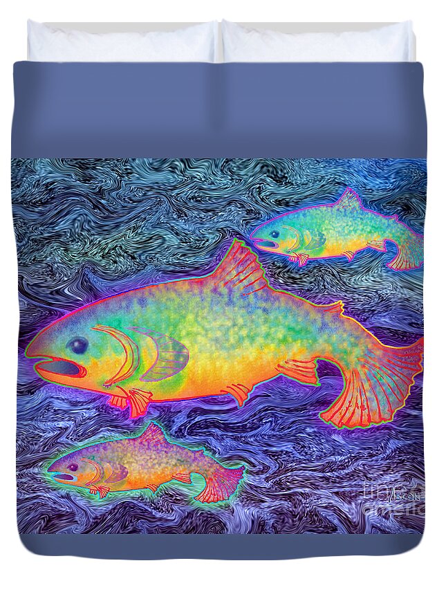 The Salmon King Duvet Cover featuring the mixed media The Salmon King by Teresa Ascone