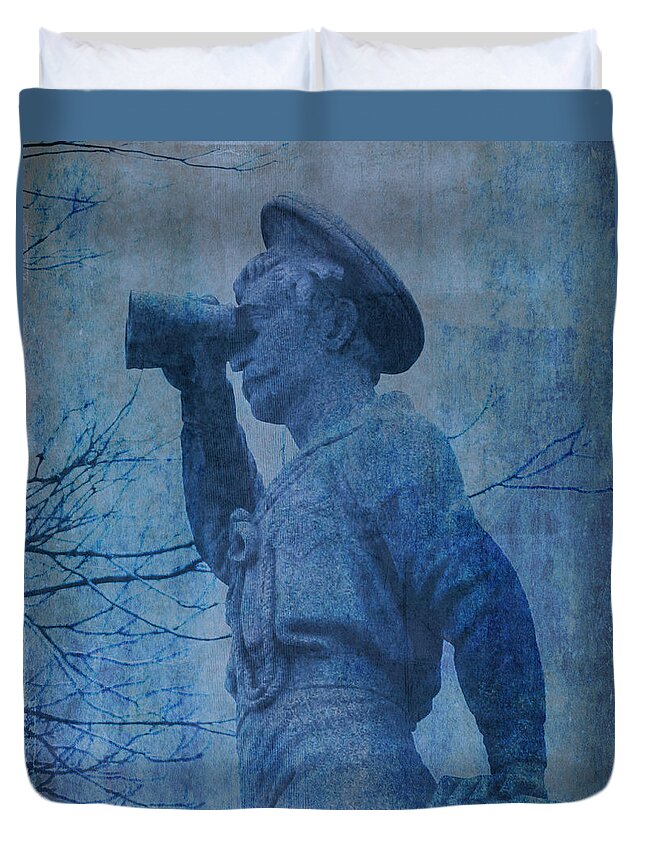 Seaman Duvet Cover featuring the mixed media The Seaman in Blue by Lesa Fine