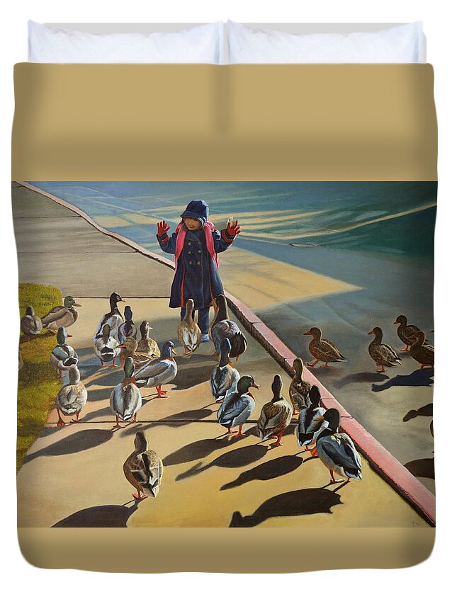 Duck Duvet Cover featuring the painting The Sidewalk Religion by Thu Nguyen