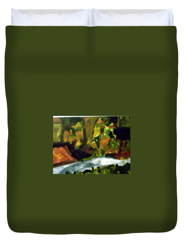 Green Duvet Cover featuring the painting The Sidewalk by Shea Holliman