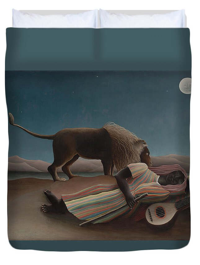 Henri Rousseau Duvet Cover featuring the painting The Sleeping Gypsy by Henri Rousseau