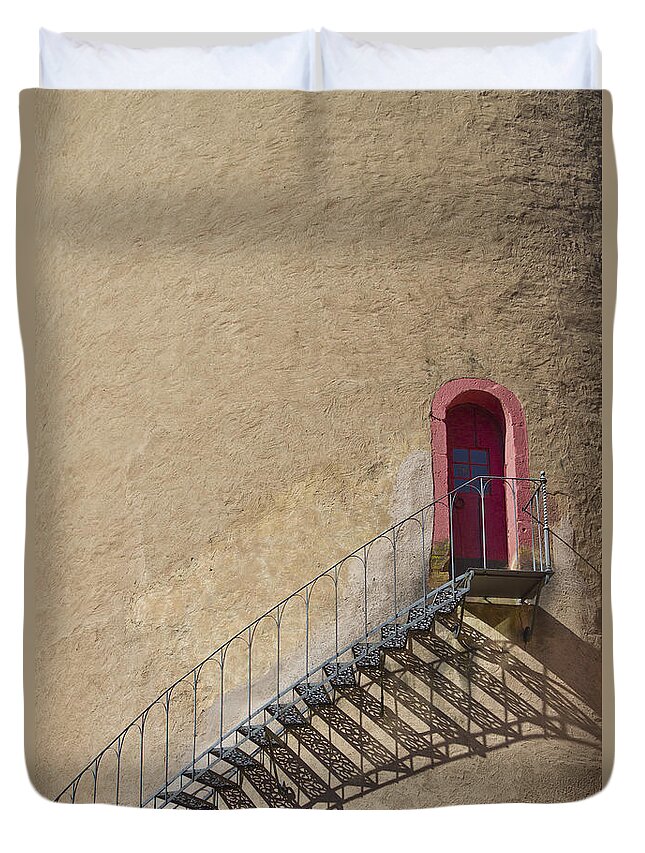 Castle Duvet Cover featuring the photograph The Staircase to the Red Door by Heiko Koehrer-Wagner