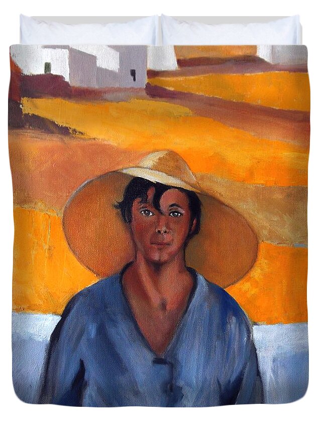 Lytras Duvet Cover featuring the painting The Straw Hat - after Nikolaos Lytras by Kostas Koutsoukanidis