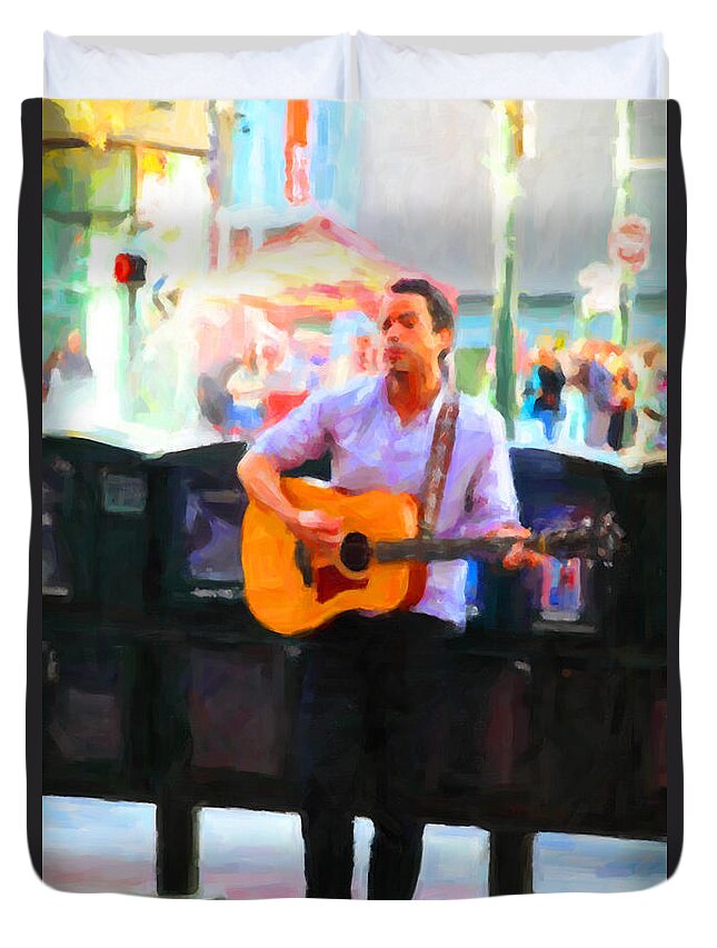 San Francisco Duvet Cover featuring the photograph The Street Performer on Market Street - 5D20725 by Wingsdomain Art and Photography