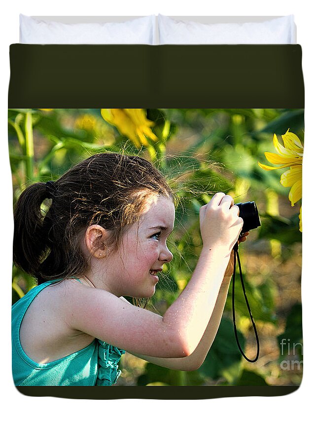 Young Girl In Sunflowers Duvet Cover featuring the photograph The Sunny Side by Jim Garrison
