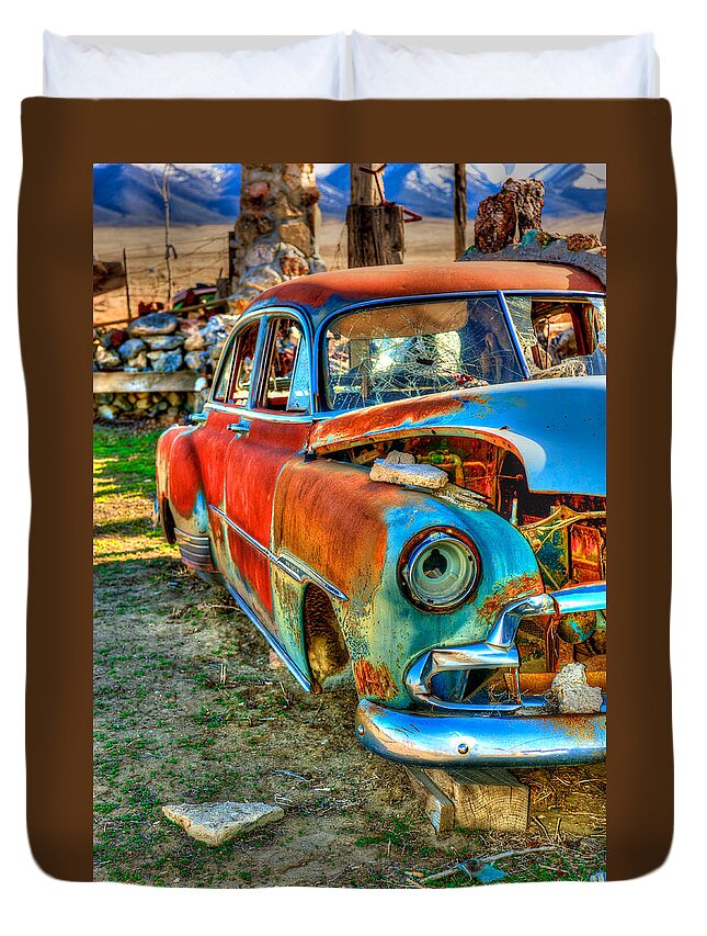 Thunder Mountain Indian Monument Duvet Cover featuring the photograph The Tired Chevy 2 by Richard J Cassato