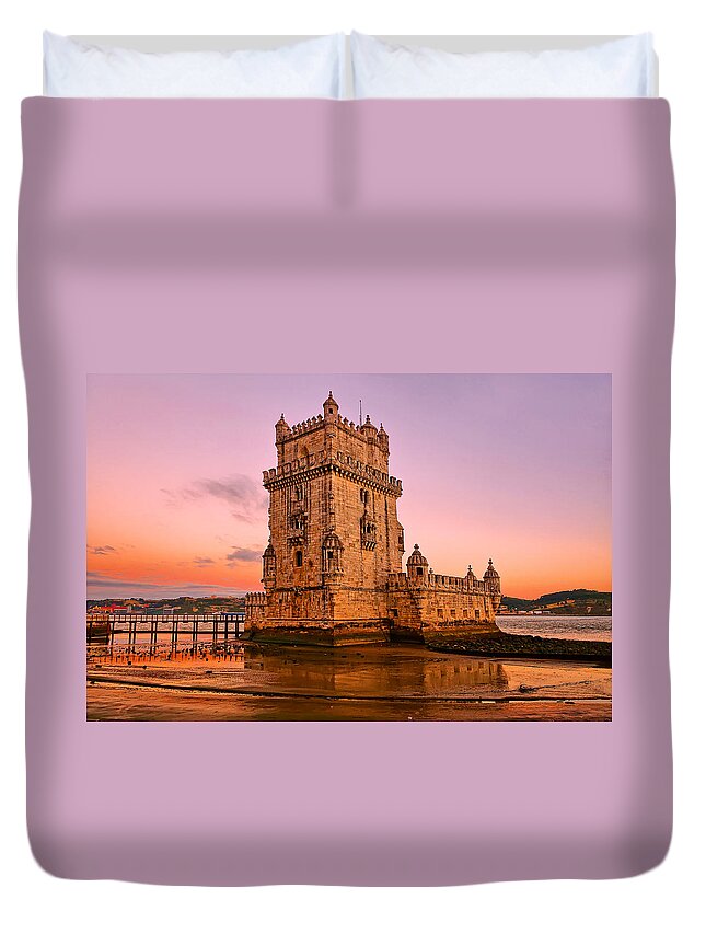 Crystal Duvet Cover featuring the photograph the tower of belem in Lisbon at sunset by Mitchell R Grosky