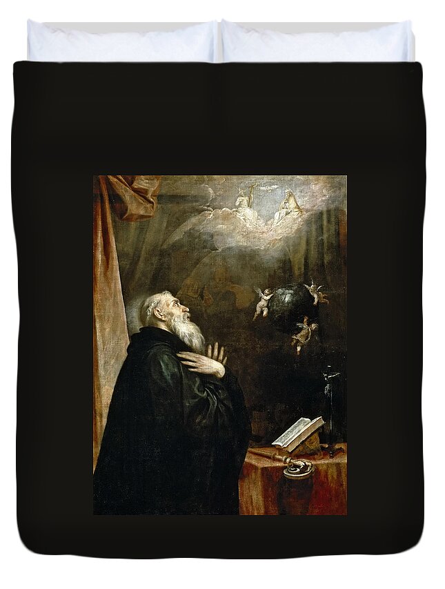 Alonso Cano Duvet Cover featuring the painting The Vision of St. Benedict of the world and the three angels by Alonso Cano