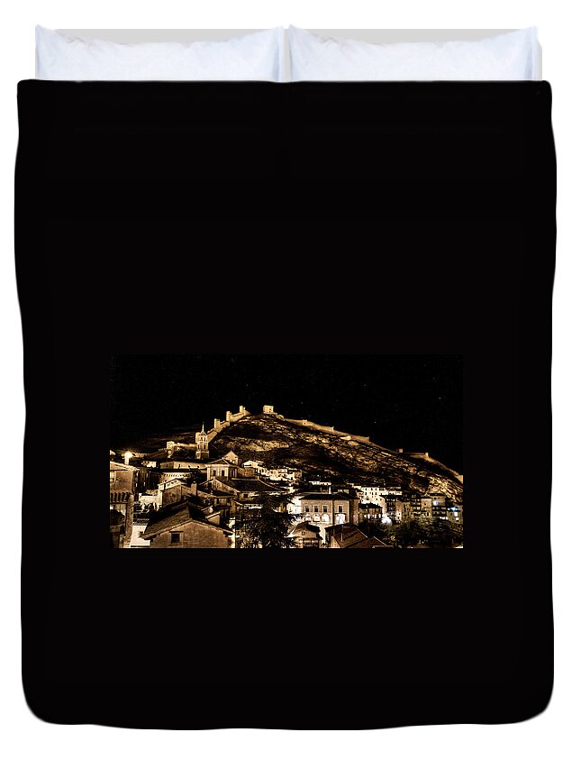 Albarracin Duvet Cover featuring the photograph The walls of Albarracin in the summer night Spain by Weston Westmoreland