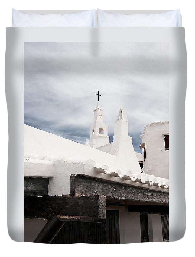 Azure Duvet Cover featuring the photograph Binibeca vell in Menorca is a small fishermen villa with the taste of past times - The white Chapel by Pedro Cardona Llambias