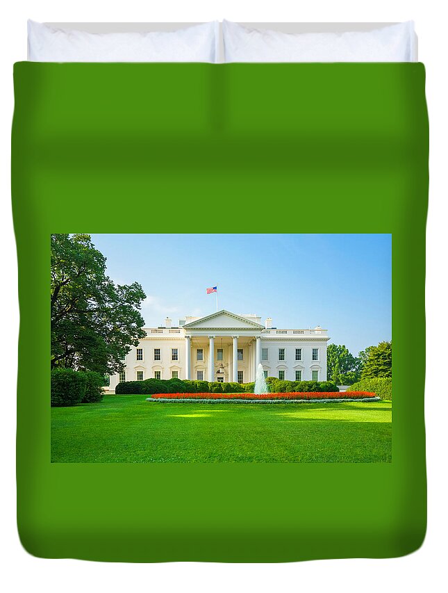 Flowerbed Duvet Cover featuring the photograph The White House, Green Lawn, Blue Sky by Dszc