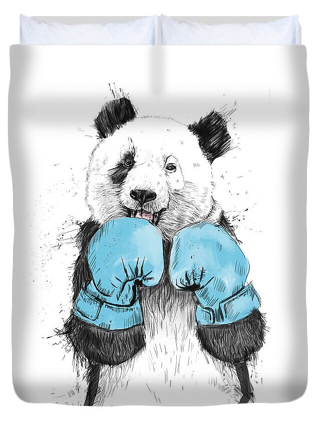 Panda Duvet Cover featuring the drawing The Winner by Balazs Solti