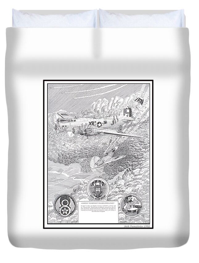 Art Of Famous Bombers Duvet Cover featuring the drawing They all lived crash of Boeing B 17 and ME 109 by Jack Pumphrey