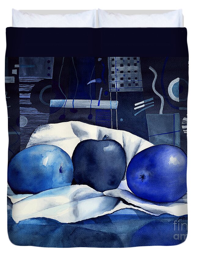 Blue Duvet Cover featuring the painting Three Apples by Hailey E Herrera