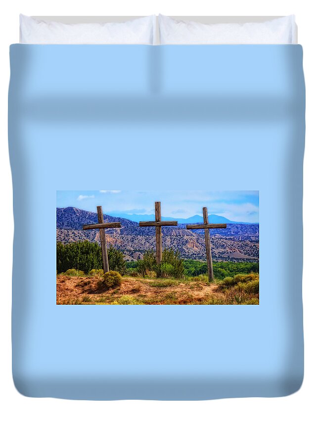 Abandoned Duvet Cover featuring the photograph Three Crosses by Ghostwinds Photography