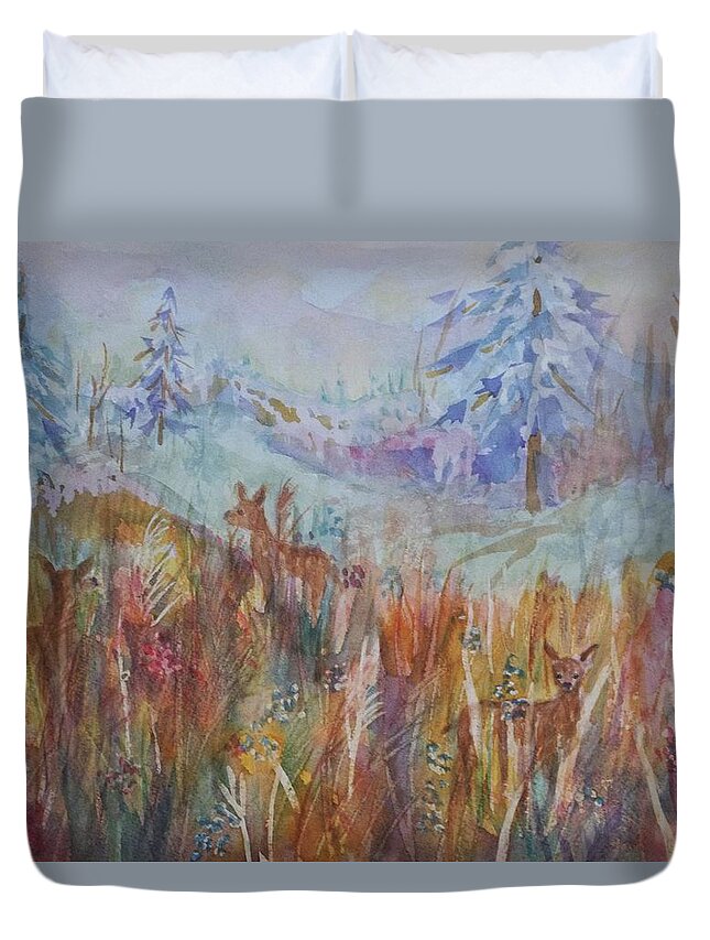 Deer Duvet Cover featuring the painting Three Deer Grazing in the Grass by Ellen Levinson