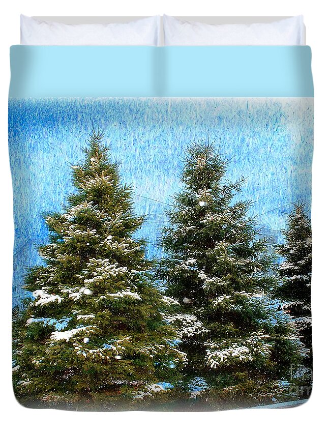 Pine Trees Duvet Cover featuring the photograph Three In A Row by Judy Palkimas