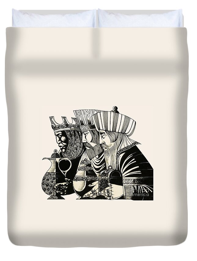 Christmas Duvet Cover featuring the drawing Three Kings by Richard Hook