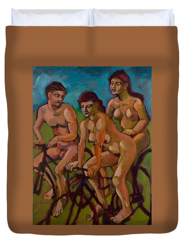 Cyclists Duvet Cover featuring the painting Three nude cyclists in red by Peregrine Roskilly
