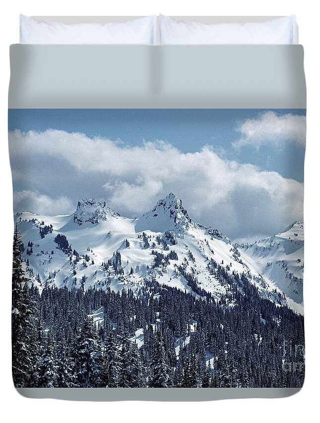 Landscape Cascade Mountains Duvet Cover featuring the photograph Three Peaks by Earl Johnson