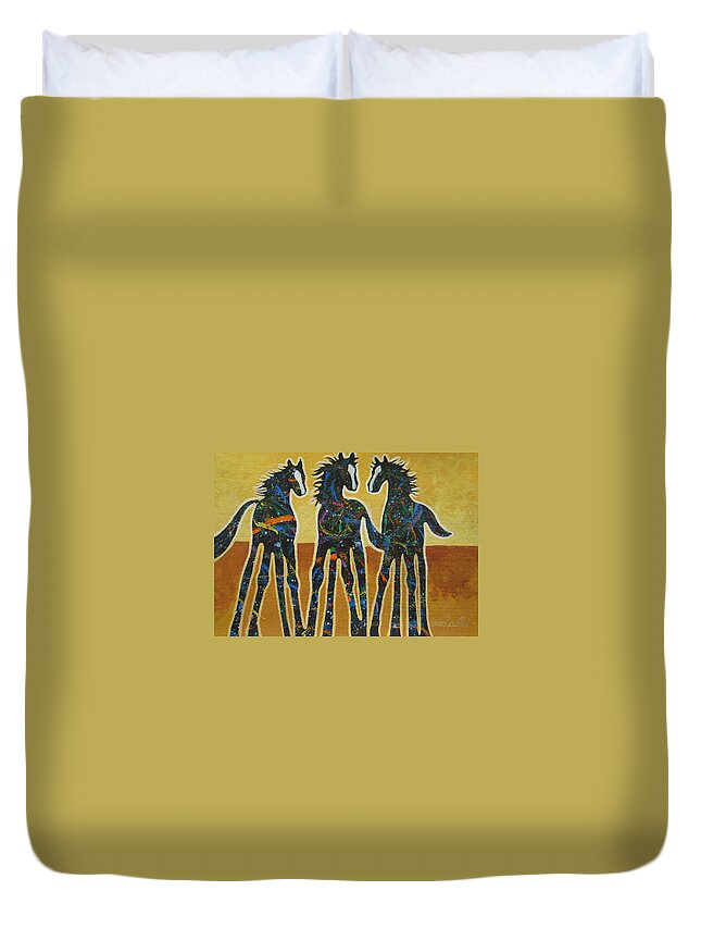 Horses Duvet Cover featuring the painting Three Ponies by Lance Headlee