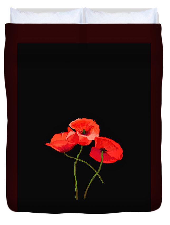 Poppies Duvet Cover featuring the photograph Three Poppies on Black by Lynn Bolt