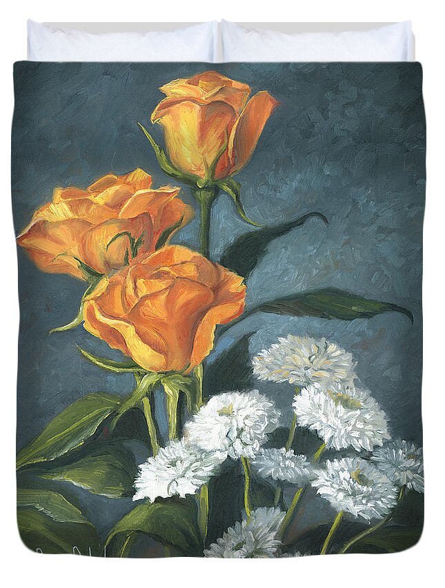 Flower Duvet Cover featuring the painting Three Roses by Lucie Bilodeau