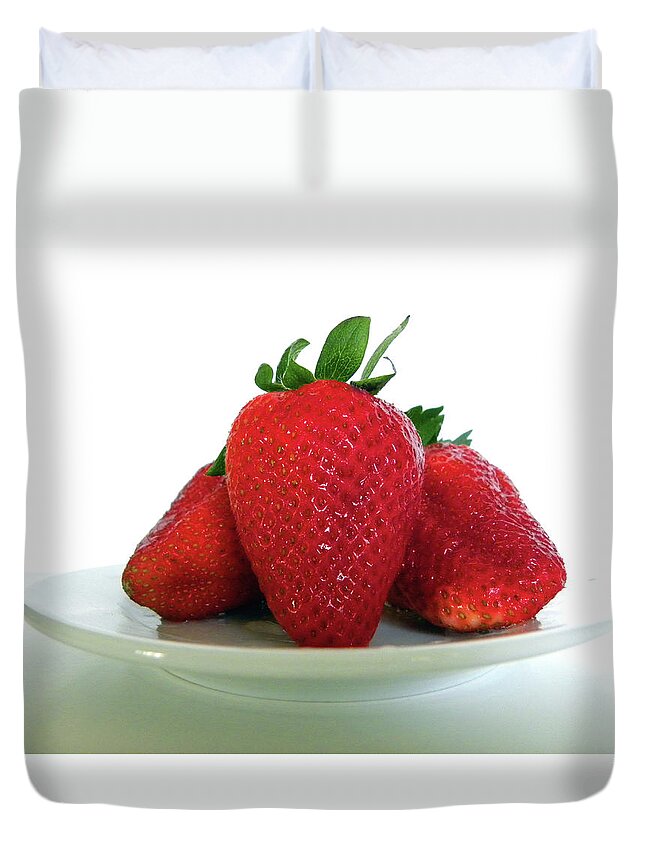 Strawberries Duvet Cover featuring the photograph Three Strawberries by Julie Palencia