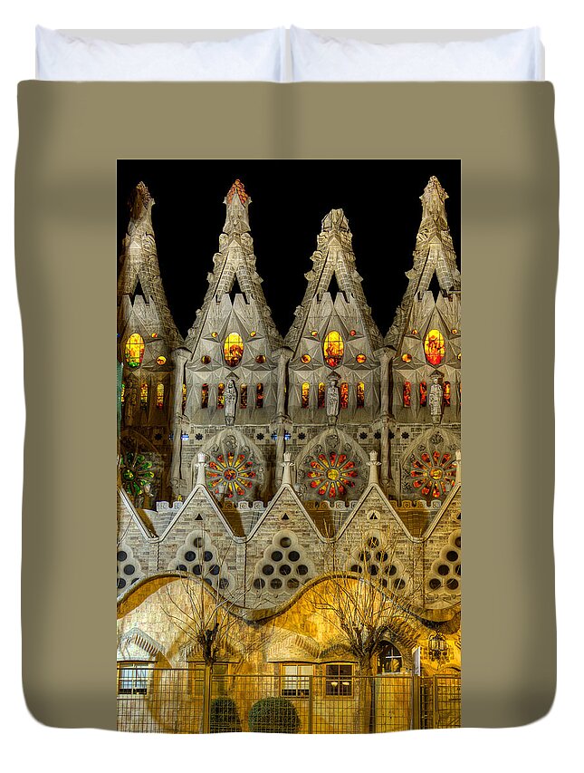 Sagrada Familia Duvet Cover featuring the photograph Three tiers - Sagrada Familia at night - Gaudi by Weston Westmoreland