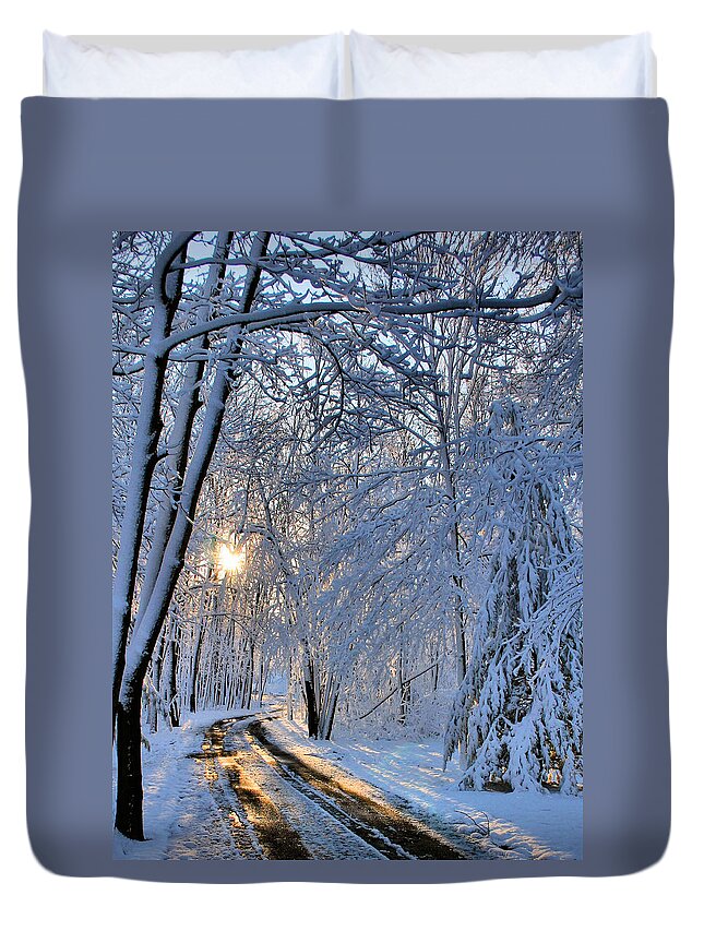 Sun Duvet Cover featuring the photograph Through the Woods by Kristin Elmquist
