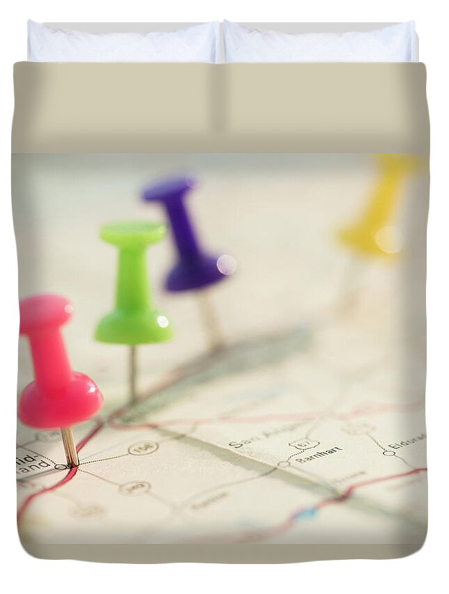 Adventure Duvet Cover featuring the photograph Thumbtacks On Map by Jamie Grill