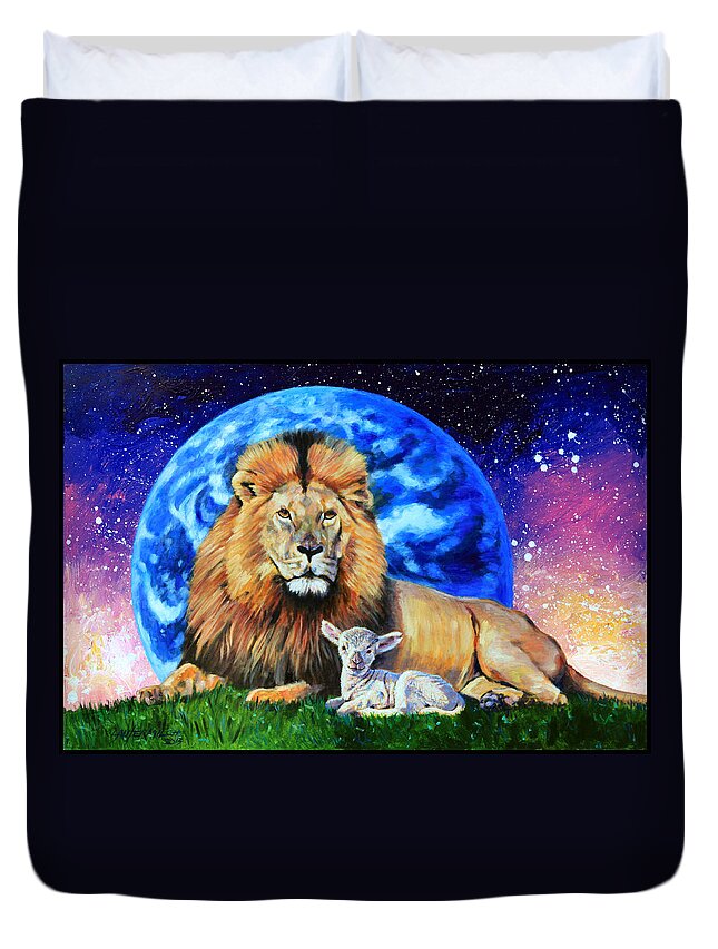 Lion Duvet Cover featuring the painting Thy Kingdom Come by John Lautermilch