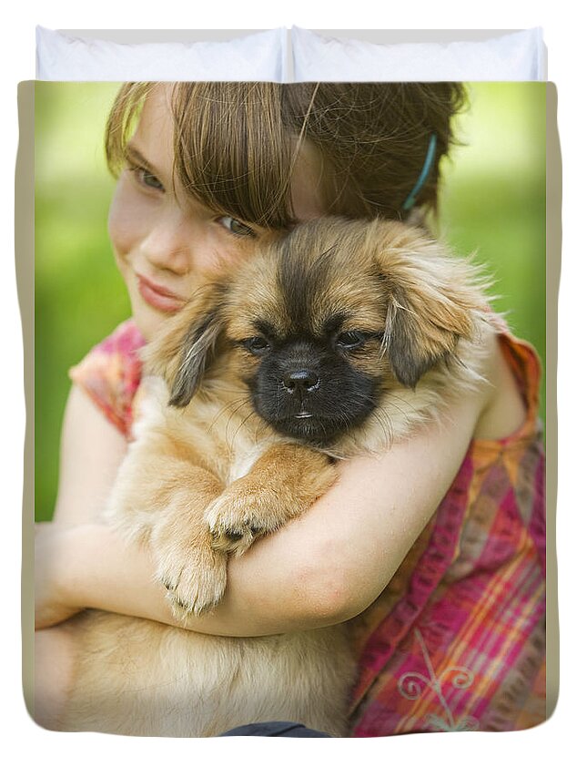 Dog Duvet Cover featuring the photograph Tibetan Terrier And Girl by Jean-Michel Labat