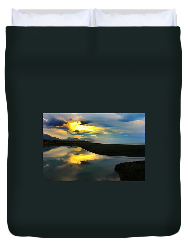 Kaikoura Coast Duvet Cover featuring the photograph Tidal Pond Sunset New Zealand by Amanda Stadther