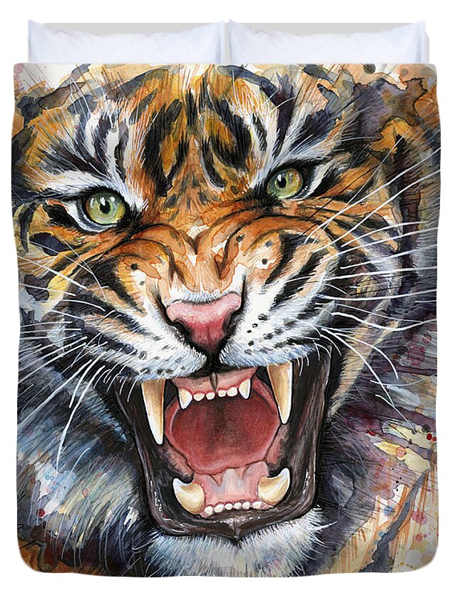 Watercolor Duvet Cover featuring the painting Tiger Watercolor Portrait by Olga Shvartsur