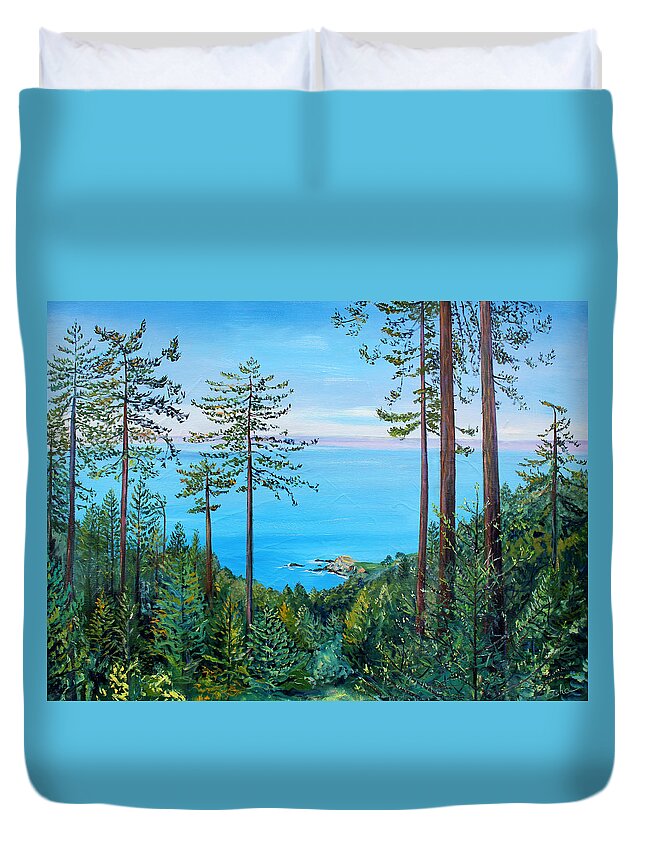 Seascape Painting Duvet Cover featuring the painting Timber Cove on a Still Summer Day by Asha Carolyn Young