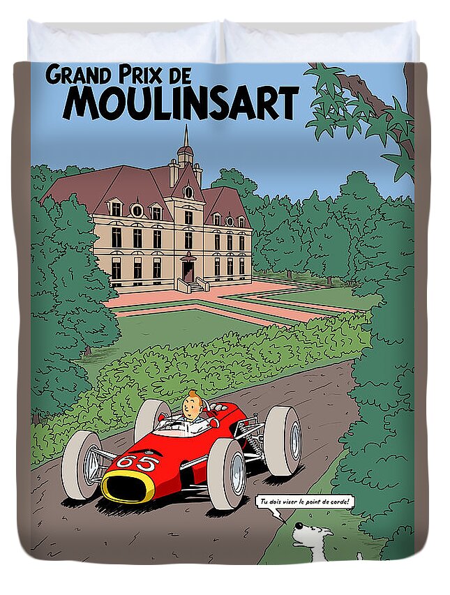 Tintin Grand Prix Duvet Cover featuring the digital art Tintin Grand Prix de Moulinsart 1965 by Georgia Fowler