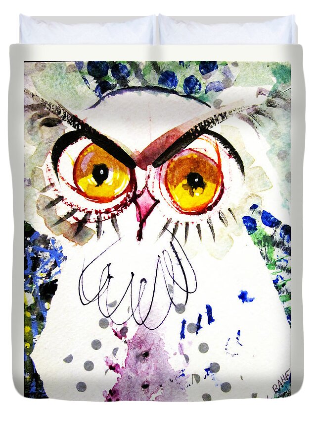 Moon Duvet Cover featuring the painting Tipsy Owl by Laurel Bahe