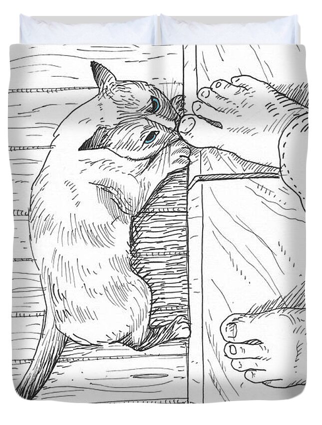 Cat Cats Kitten Kittens Kitty Fun Humor Cartoon Ink Duvet Cover featuring the painting Toe Beast by Steve Hunter