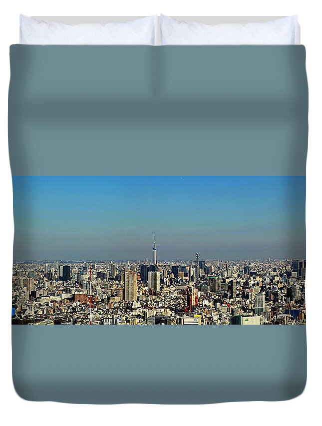 Panoramic Duvet Cover featuring the photograph Tokyo Panorama View Of Modern by Photography By Zhangxun