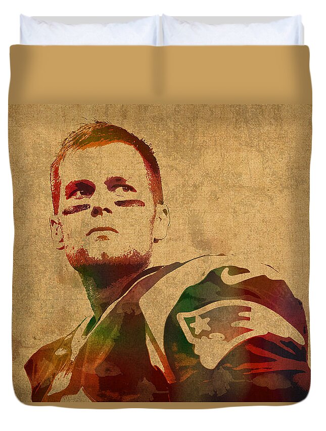 Tom Brady Duvet Cover featuring the mixed media Tom Brady New England Patriots Quarterback Watercolor Portrait on Distressed Worn Canvas by Design Turnpike