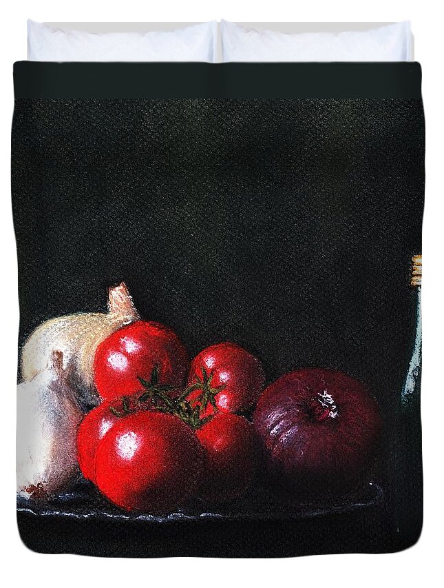 Dish Duvet Cover featuring the painting Tomatoes and Onions by Anastasiya Malakhova