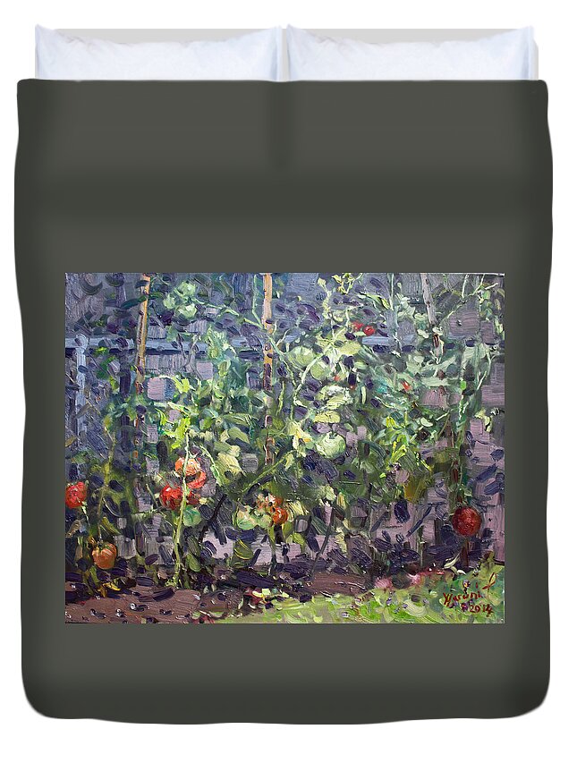 Tomatoes Duvet Cover featuring the painting Tomatoes in Viola's Garden by Ylli Haruni